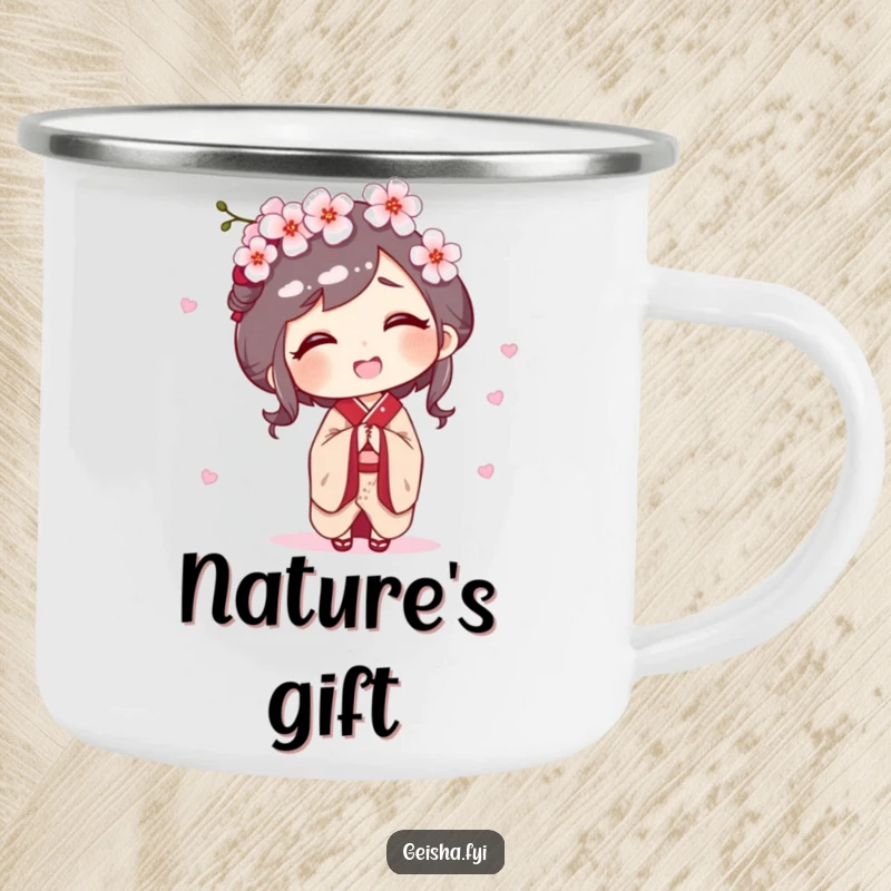 Funny camping mug featuring a geisha character giggling as a cherry blossom falls on her head, perfect for outdoor cheer.