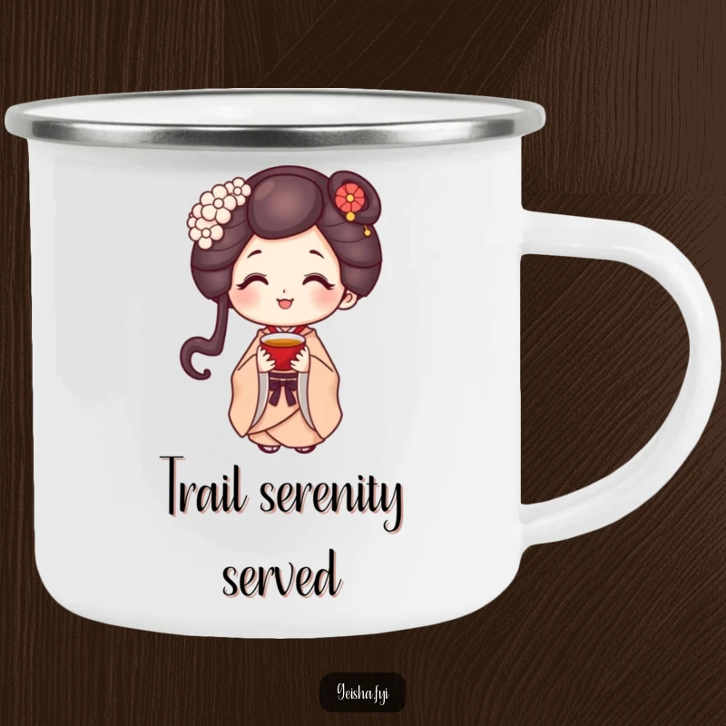 Funny geisha character with a sweet smile holding a tiny cup of tea on a rugged camping mug.