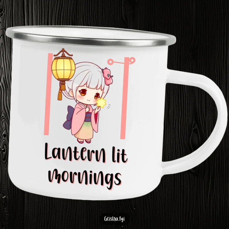 Funny geisha camping mug showing a curious geisha captivated by a glowing lantern, perfect for outdoor humor.
