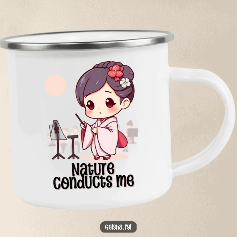 Funny Geisha conducting an invisible orchestra, humorous and durable camping mug.