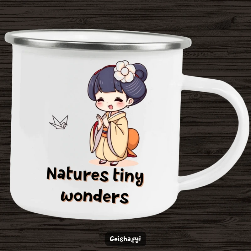 Funny Geisha clapping delightedly at a tiny paper crane, humorous and durable camping mug.