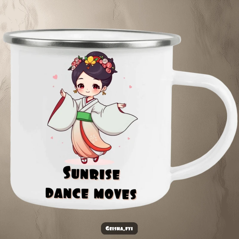 Funny Geisha Camping Mug: Joyful character dances with flowing sleeves, perfect for humorous outdoor celebrations.