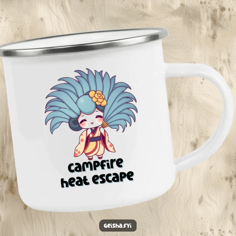 Funny geisha fan camping mug of character fanning with a giant feather. Playful, sturdy drinkware for adventurers.
