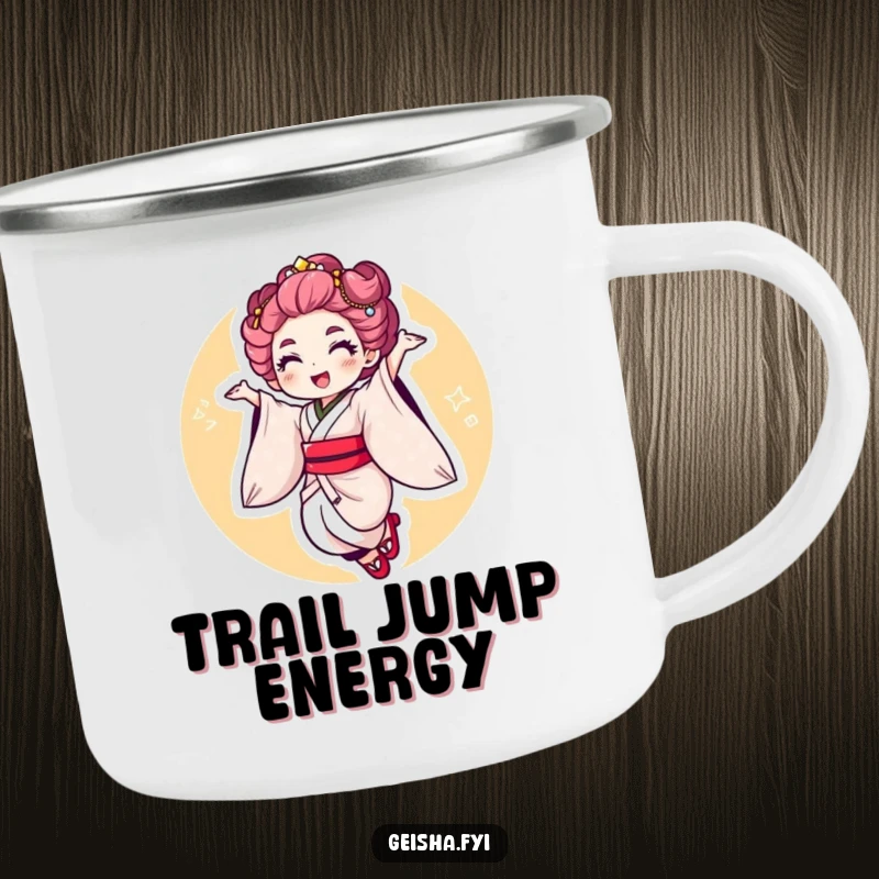 Funny Geisha Jump Camping Mug: a character performing an energetic jump with a flourish, perfect for outdoor fun.