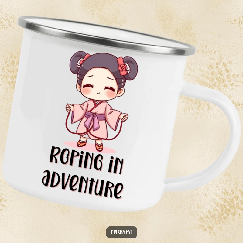Funny geisha obi camping mug showing a mischievous obi character as a jump rope. Playful, durable drinkware for adventurers.