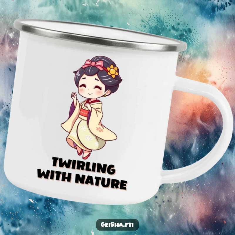 Funny Geisha doing a playful spin with a flourish, humorous camping mug.