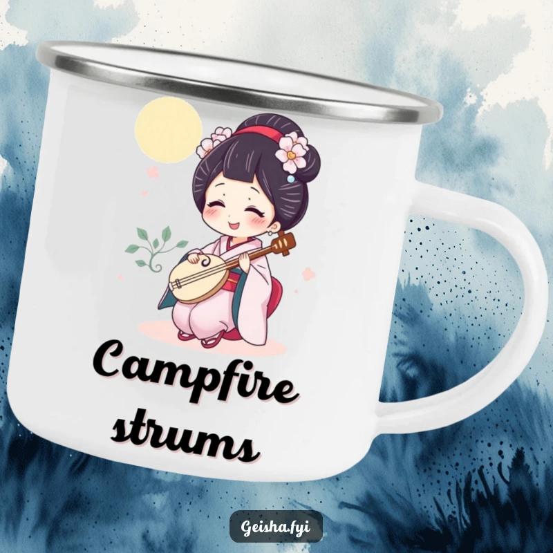 Funny geisha camping mug featuring a giggling character playing a mini shamisen, ideal for outdoor adventures and musical humor.