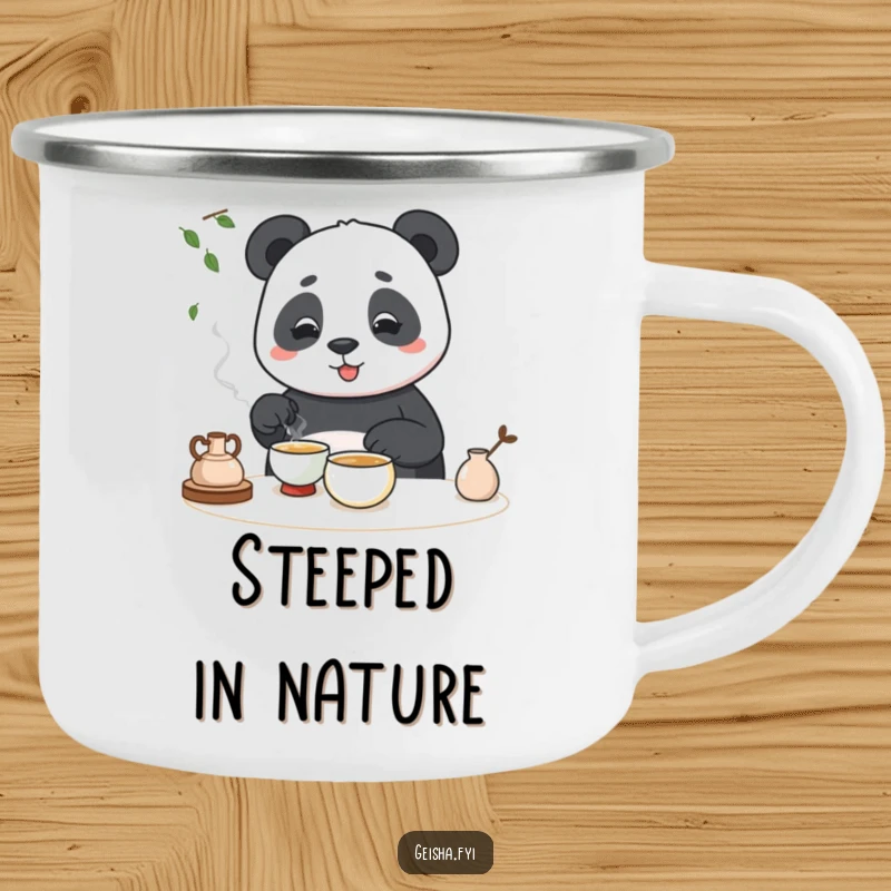 Funny enamel camping mug with a panda hilariously attempting a tea ceremony, great for outdoor fun.