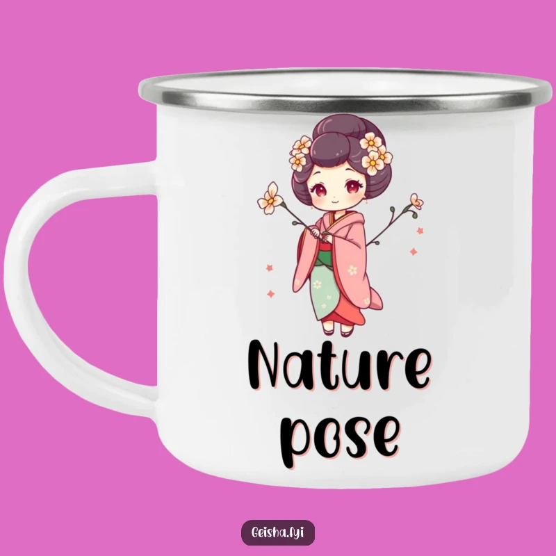 Funny Whimsical Geisha Camping Mug, Artistic Adventures with a Flower