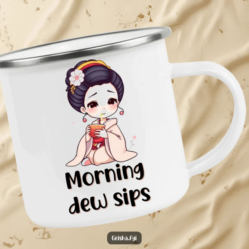 Funny Geisha Camping Mug: Elegant character delicately sips tea, perfect for humorous outdoor relaxation.