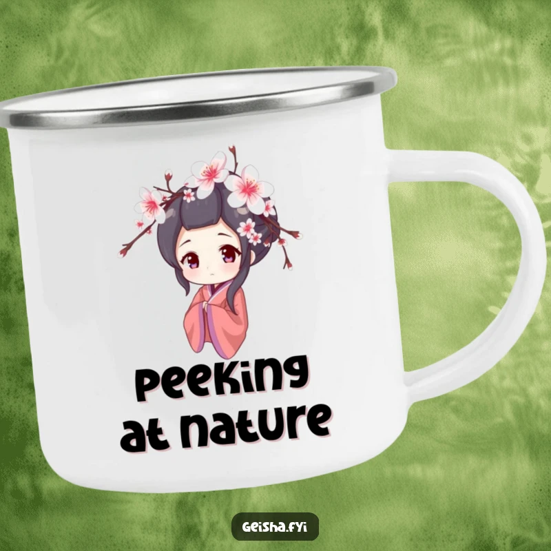 Funny camping mug with a shy geisha peeking from behind cherry blossoms, perfect for outdoor serenity and as a humorous gift.