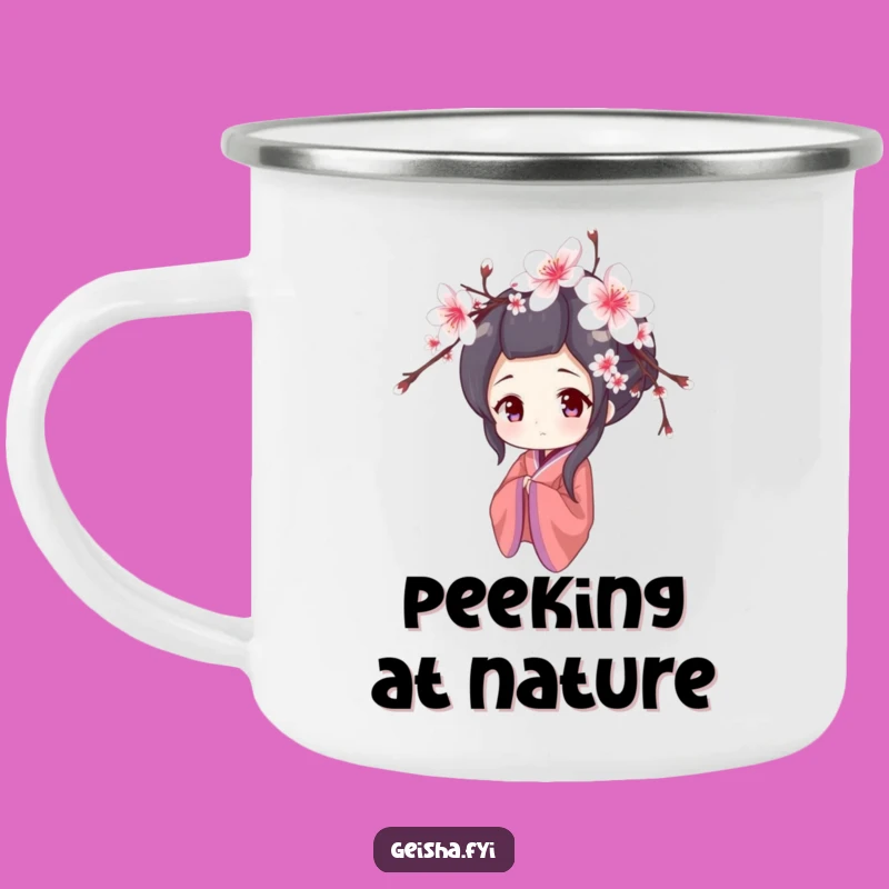 Funny Shy Geisha Camping Mug: Cherry Blossom Comfort, Perfect Outdoor Gentle Gift