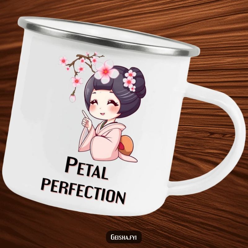 Funny geisha camping mug, a geisha smiles widely pointing at a falling cherry blossom, perfect for outdoor enjoyment.