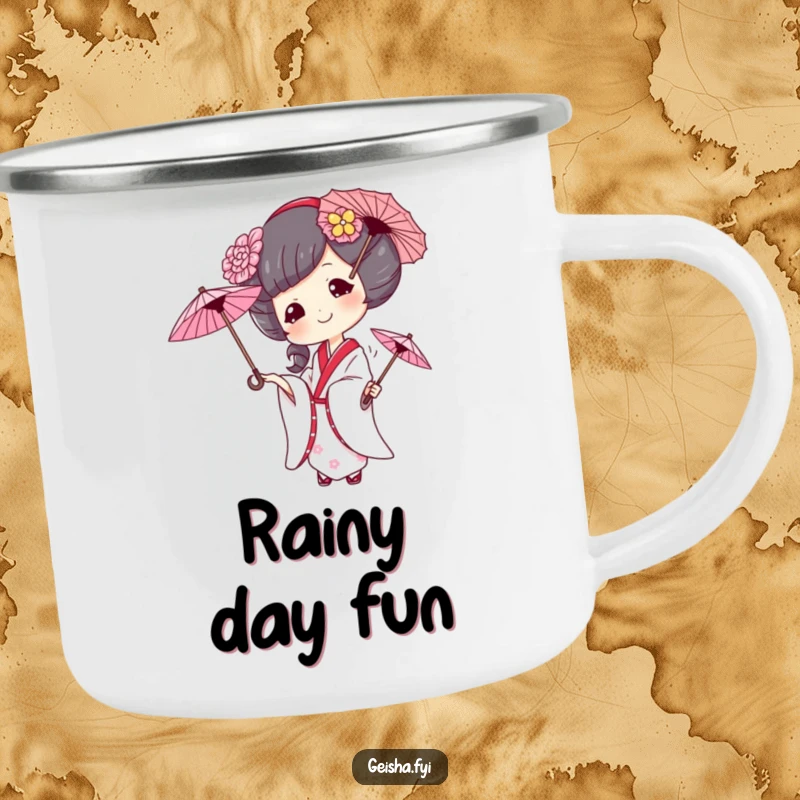 Funny geisha camping mug, a mischievous geisha juggles three small umbrellas, perfect for outdoor enthusiasts seeking humor.