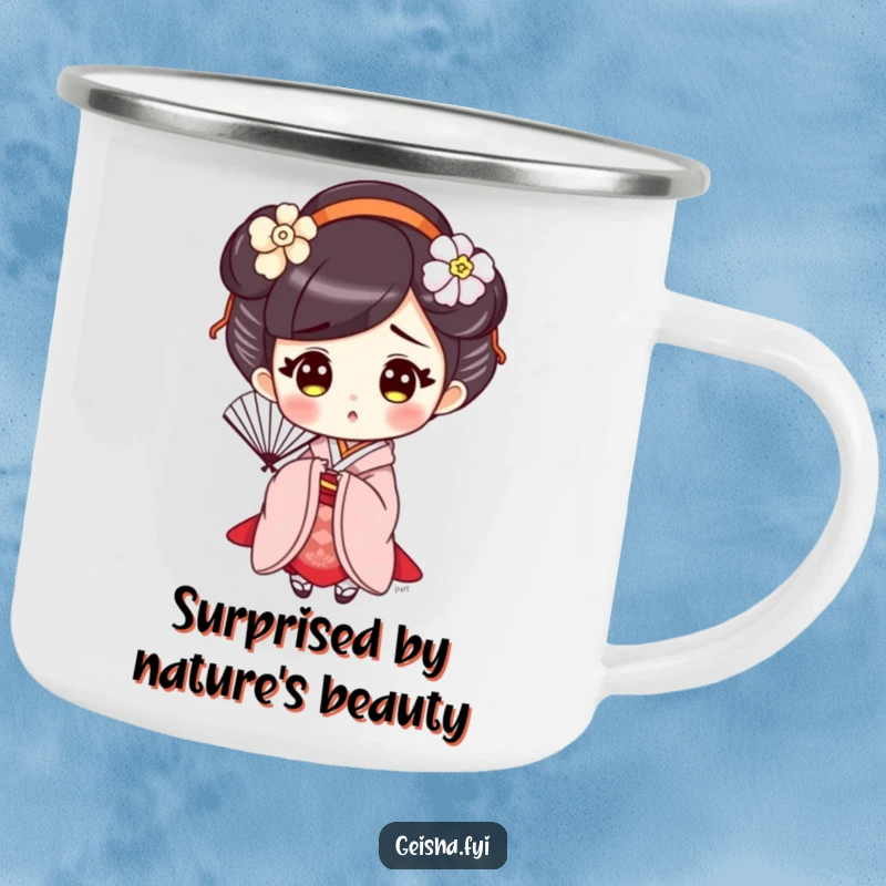 Funny Surprised Geisha Camping Mug, a cute character holding a fan with a surprised expression, perfect for outdoor drinks.