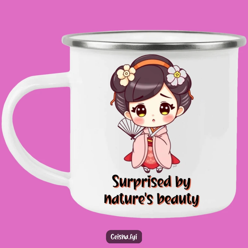 Funny Surprised Geisha Camping Mug, Elegant Adventure, Hilarious Gift