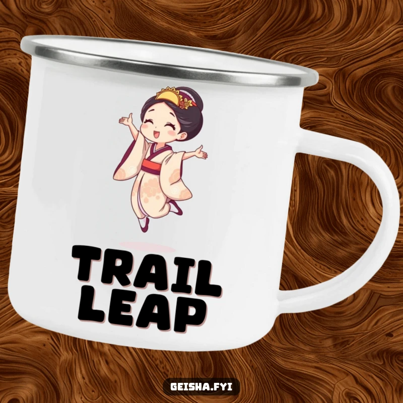 Funny geisha camping mug featuring a character in a tiny, joyful leap, ideal for outdoor activities and energetic enthusiasm.