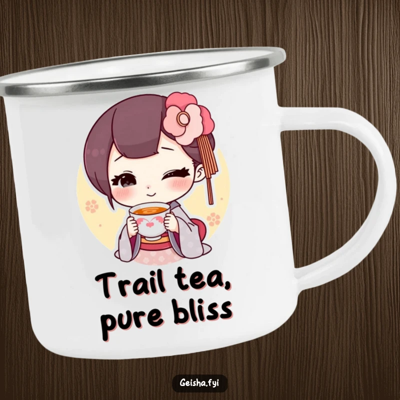 Funny geisha offering a tiny smiling teacup camping mug, outdoor gear, charming and humorous, great funny gift.