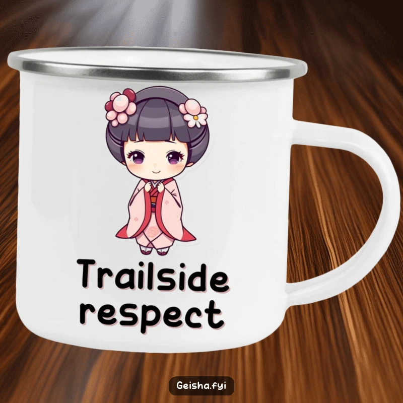 Funny geisha camping mug, a geisha bows gracefully with a cheerful expression, perfect for outdoor enthusiasts.