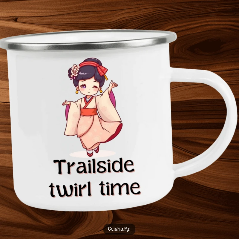 Funny Geisha Camping Mug: Cheerful character twirling, perfect for enjoying drinks outdoors with a humorous, artistic touch.