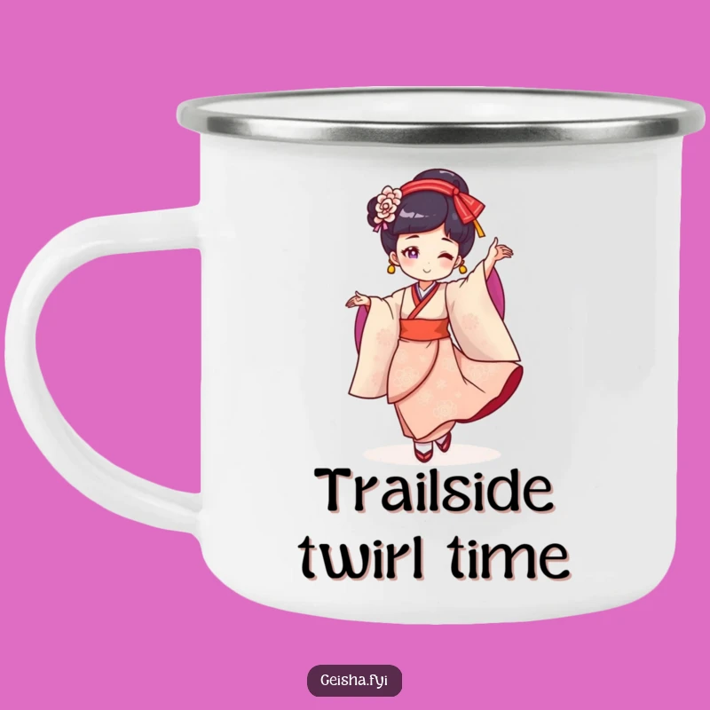 Funny Geisha Dance Camping Mug: Cheerful Character's Twirl for Outdoor, Hilarious Sips