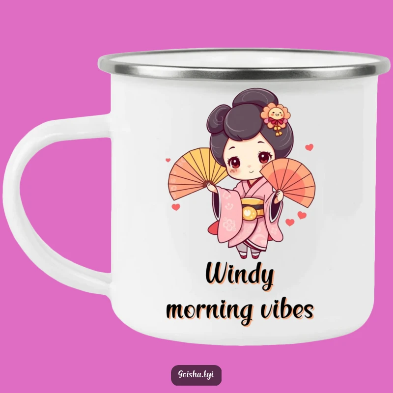 Funny Geisha Fan Camping Mug: Cute Rosy Cheeks Character, Humorous Outdoor Gift