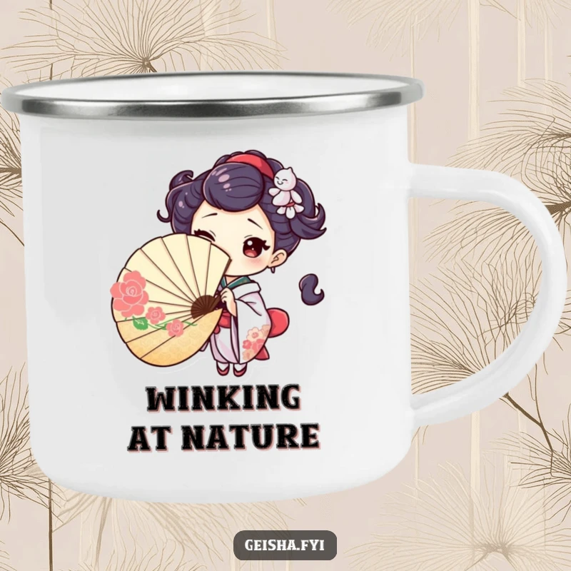 Playful camping mug showing a geisha character coyly peeking from behind a fan, giving a mischievous wink, perfect for adding intrigue outdoors.
