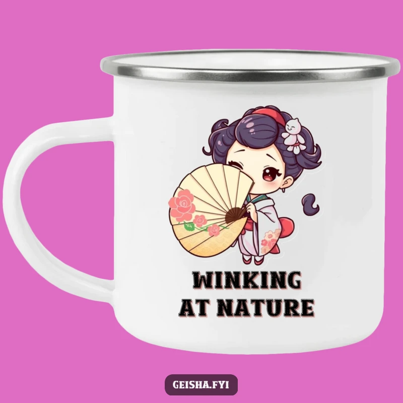 Playful Geisha Fan Camping Mug: Outdoor Wink, Mysterious Humorous Gift
