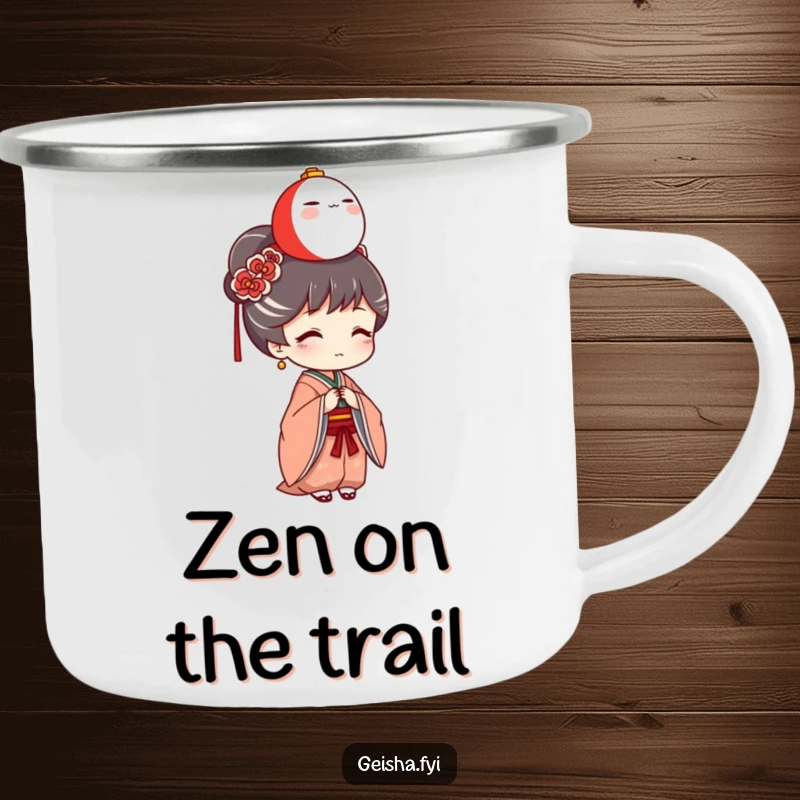 Funny Geisha Camping Mug: A durable mug featuring a geisha humorously balancing a miniature Daruma doll, ideal for outdoor fun.