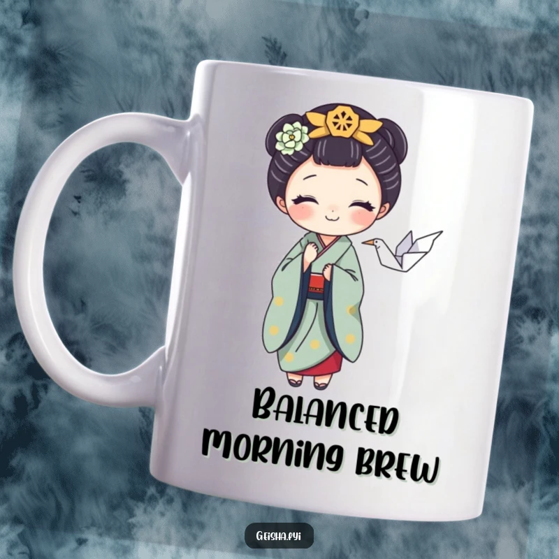 Funny mug with a playful geisha character delicately balancing a tiny origami crane, celebrating art and humor, a perfect gift.
