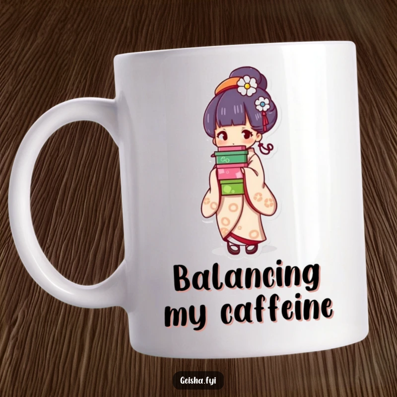 Funny geisha mug, graceful character elegantly balancing a tall stack of colorful boxes with a serene expression, perfect funny gift.