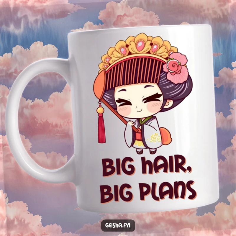 Funny Geisha Mug: A mischievous geisha character attempts to wear an oversized, ornate comb with a sly smile.