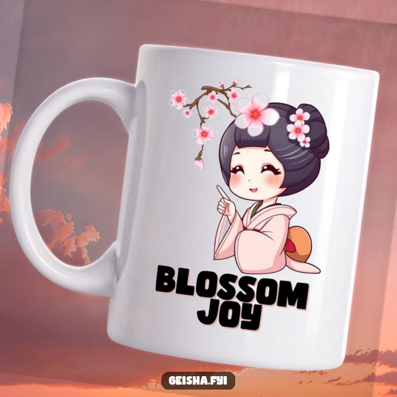 Funny geisha mug, a geisha with a wide smile points at a falling cherry blossom, celebrating beauty and joy.