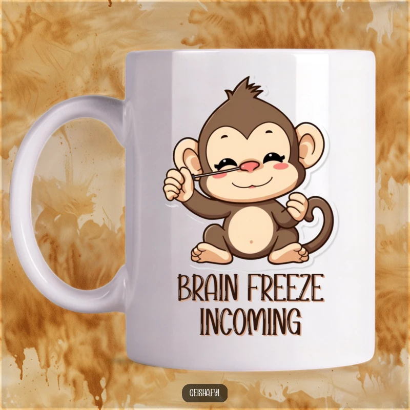 Funny cheeky monkey character mug, precariously balancing a fan on its nose with a mischievous grin, perfect for coffee lovers.