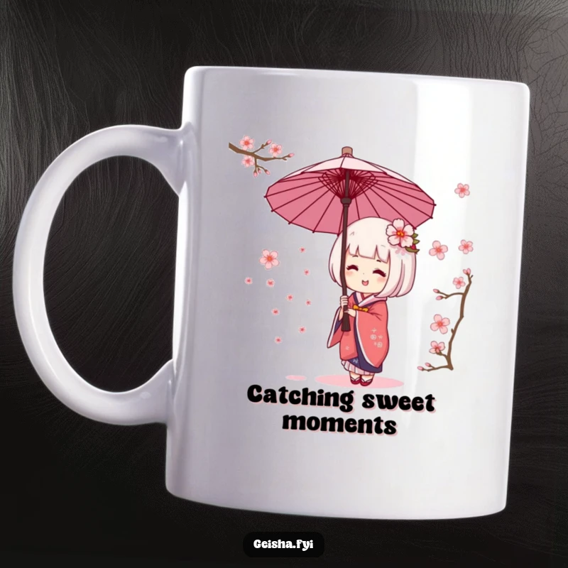 Funny geisha umbrella mug character giggling while trying to catch falling cherry blossoms with its canopy. Joyful, whimsical, and charming.
