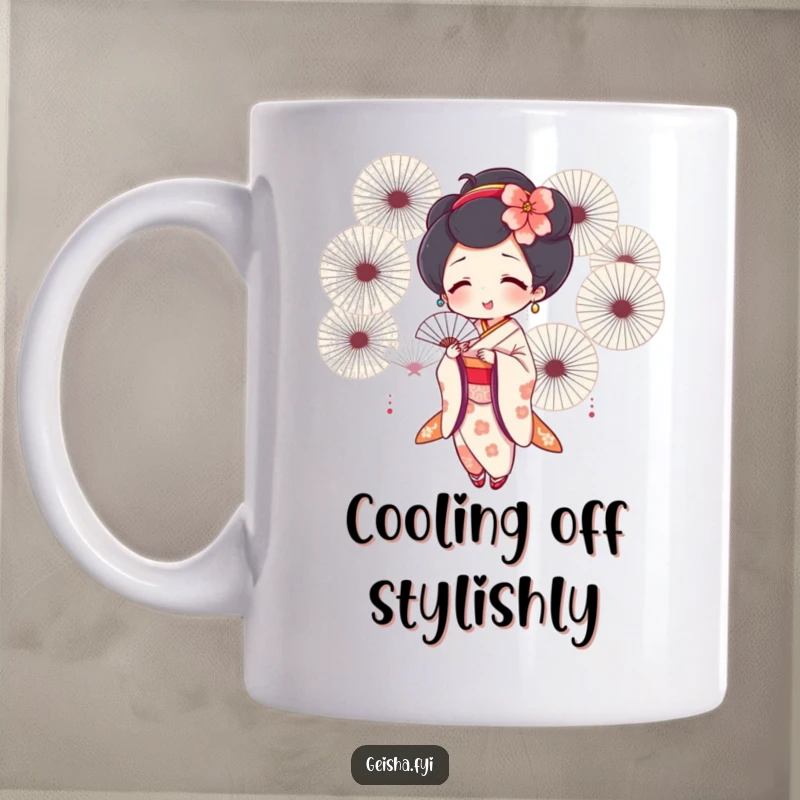 Funny geisha character mug showing a joyful geisha fanning herself enthusiastically with multiple colorful fans.