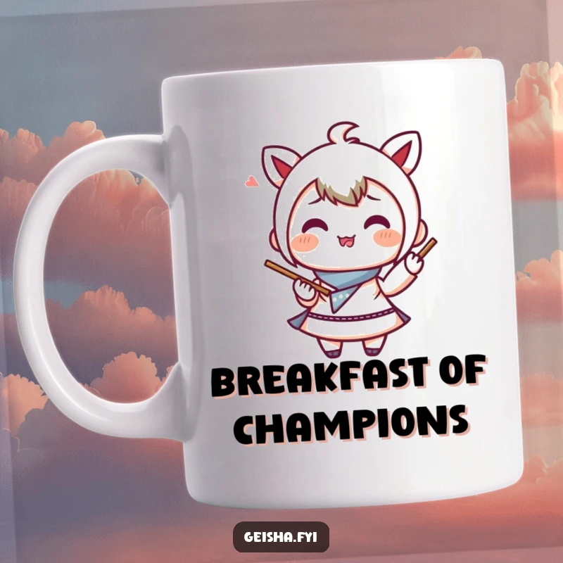 Funny Mug: A smiling bento box character joyfully juggling two chopsticks, embodying playful appreciation for food and meals.