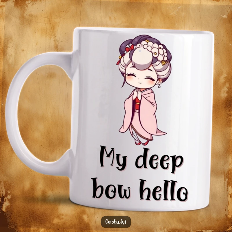Funny Geisha Mug featuring a gracefully exaggerated bow, conveying polite yet comical humility.