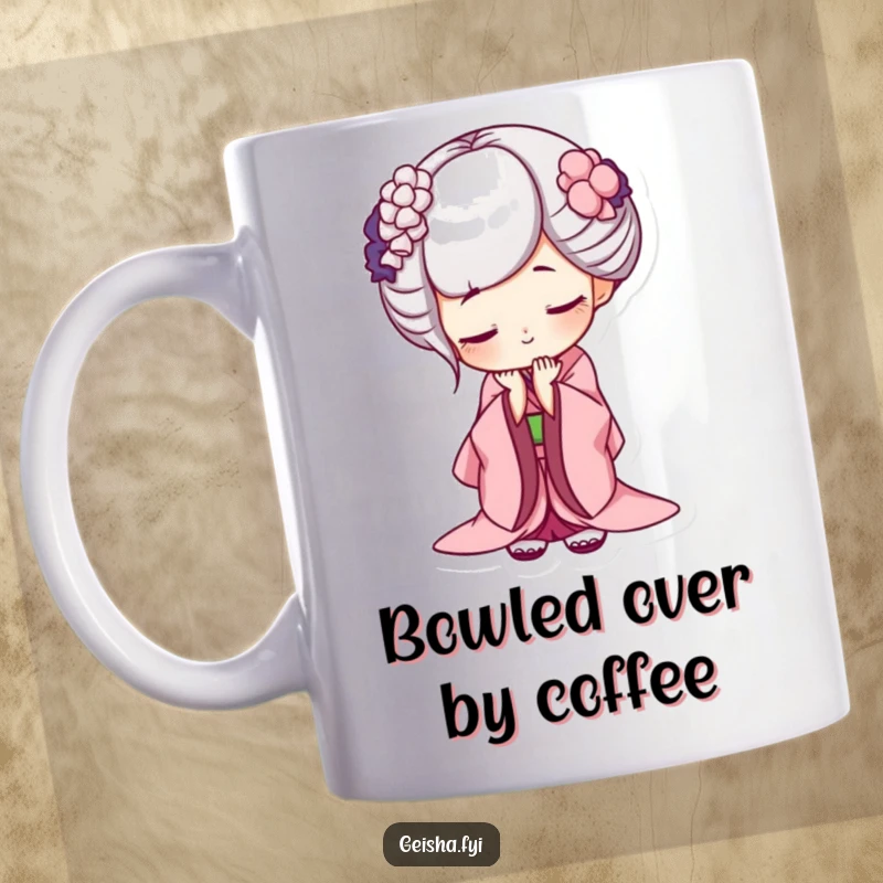 Funny geisha mug, character bowing deeply with a charming, mischievous grin, conveying polite mischief, perfect for a humorous gift.