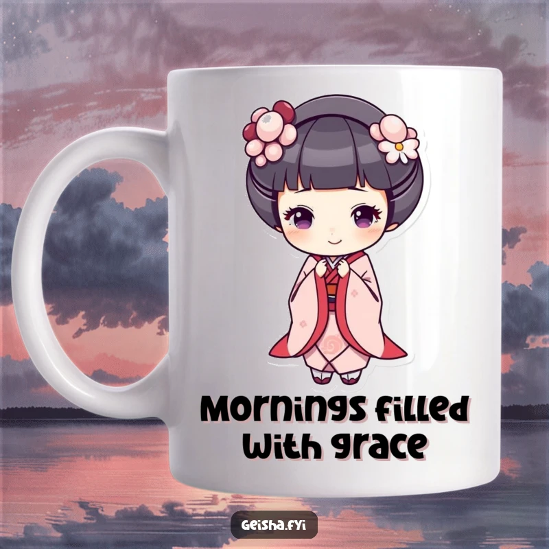 Funny geisha mug, a geisha bows gracefully with a big cheerful smile, conveying politeness and happiness.