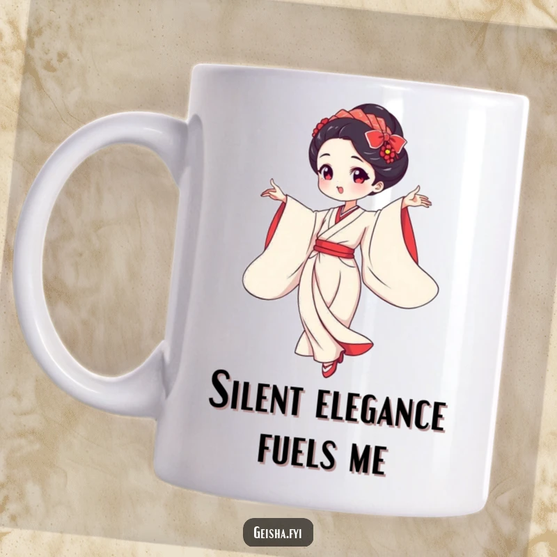 Funny geisha dancing gracefully with flowing sleeves art on a mug, elegant yet comical, perfect humorous gift.