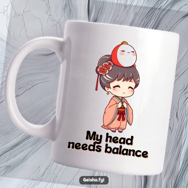 Funny Geisha Mug: A playful geisha character skillfully balances a tiny Daruma doll on her head, exuding quirky charm and balance.