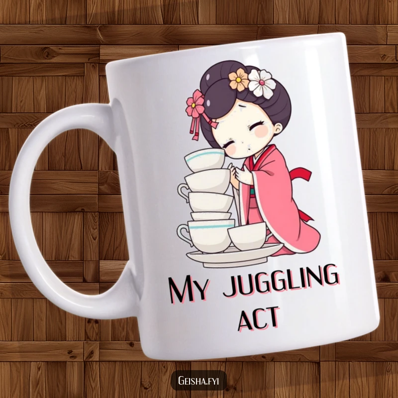 Funny geisha doll mug character hilariously failing to balance a tall stack of teacups, spilling one. A comedic, clumsy moment.