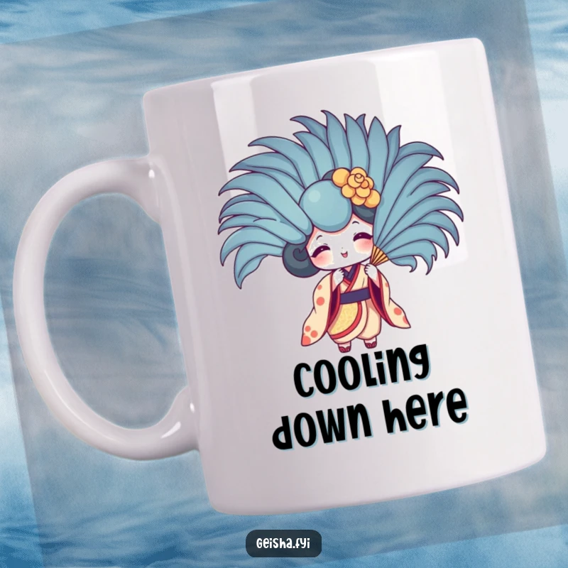 Funny geisha fan mug character humorously trying to fan itself with a giant feather. Playful, lighthearted, and comical design.