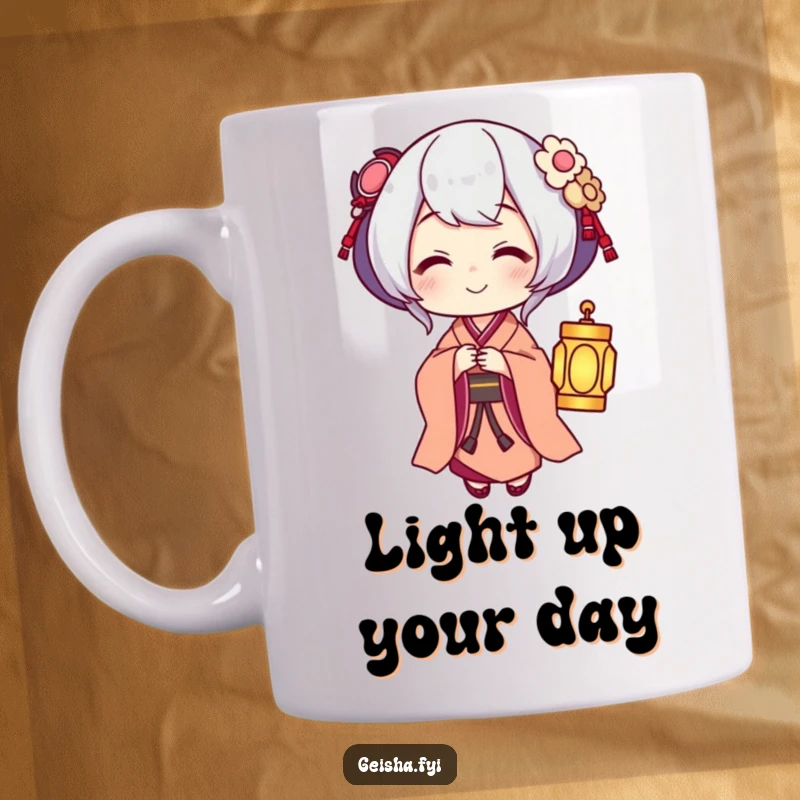 Funny Geisha offering a small glowing lantern with a warm smile, humorous and comforting mug design.