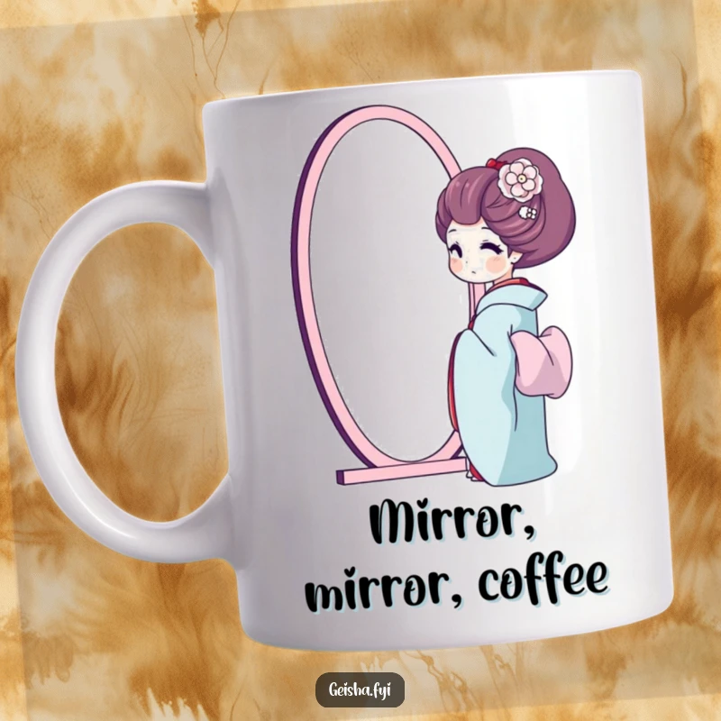 Funny geisha mug, a geisha sighs happily while admiring her reflection in a mirror, exuding contentment and humor.