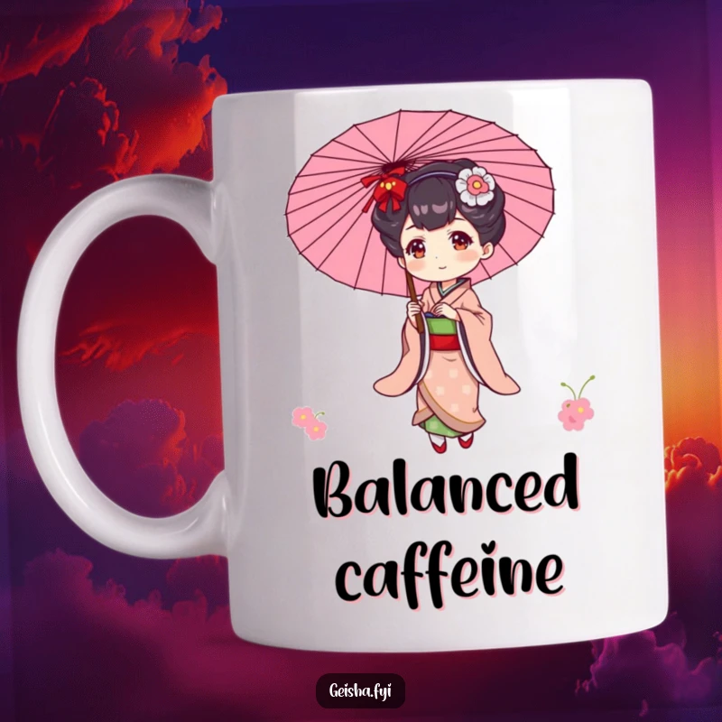 Funny mug featuring an elegant geisha character playfully balancing a colorful parasol with grace and a smile.
