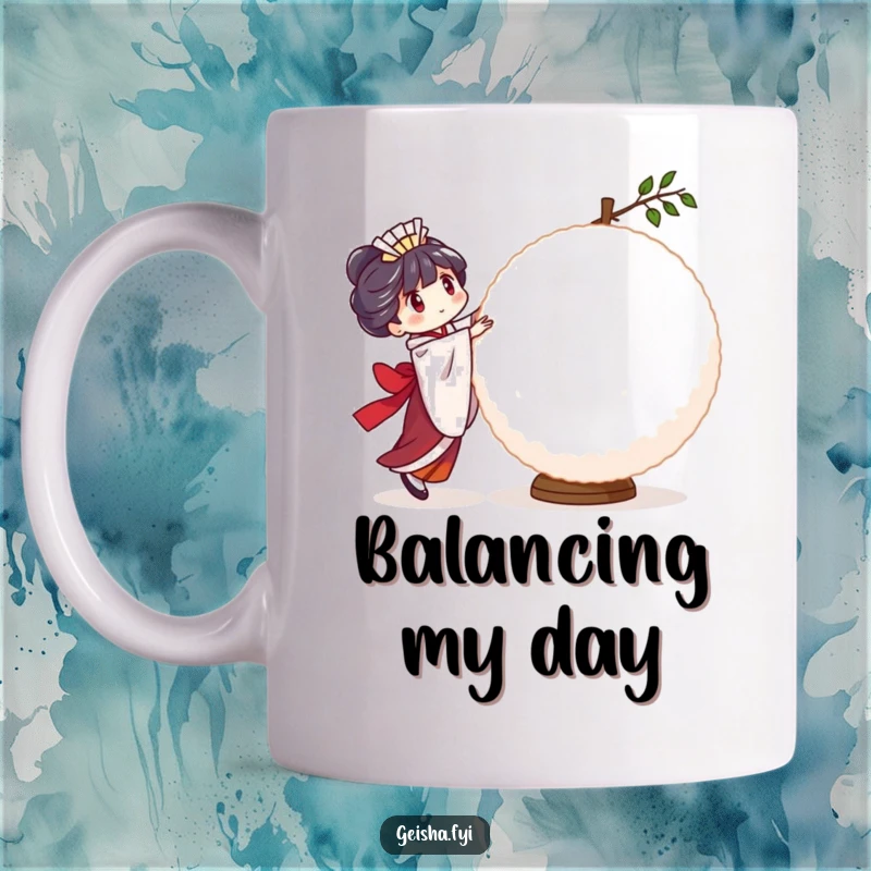 Funny Geisha Rice Ball Mug: a character in a comical pose, trying to balance a large, wobbly rice ball with great effort.