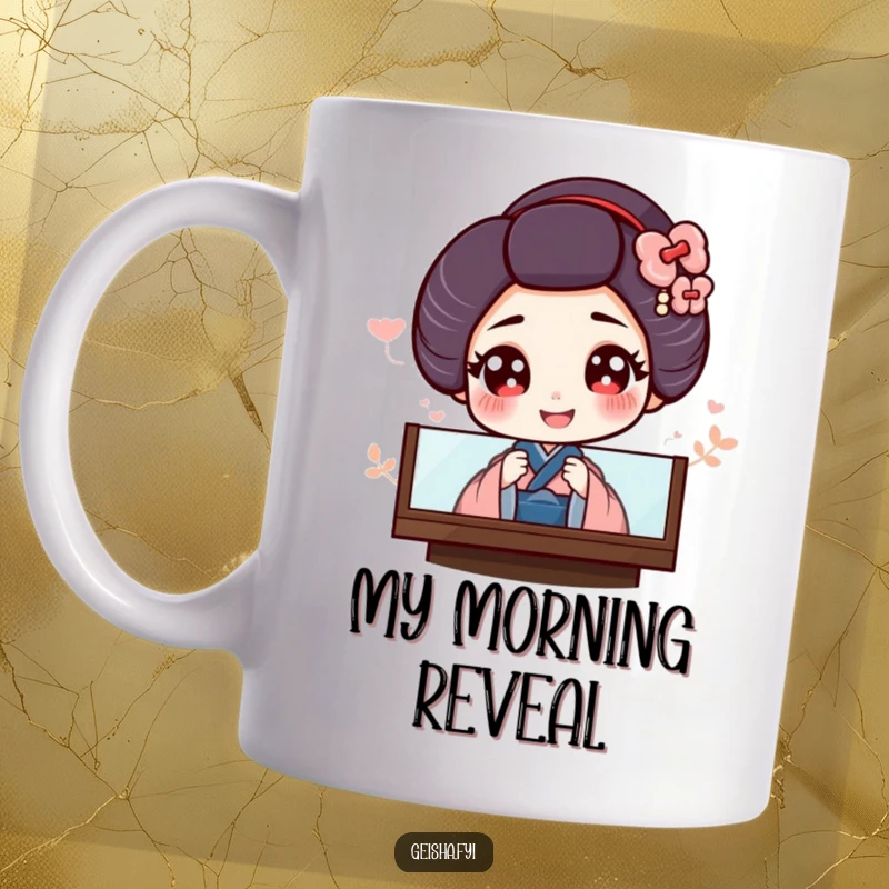 Funny mug featuring a giggling geisha with large, expressive eyes peeking playfully from behind a decorative screen.