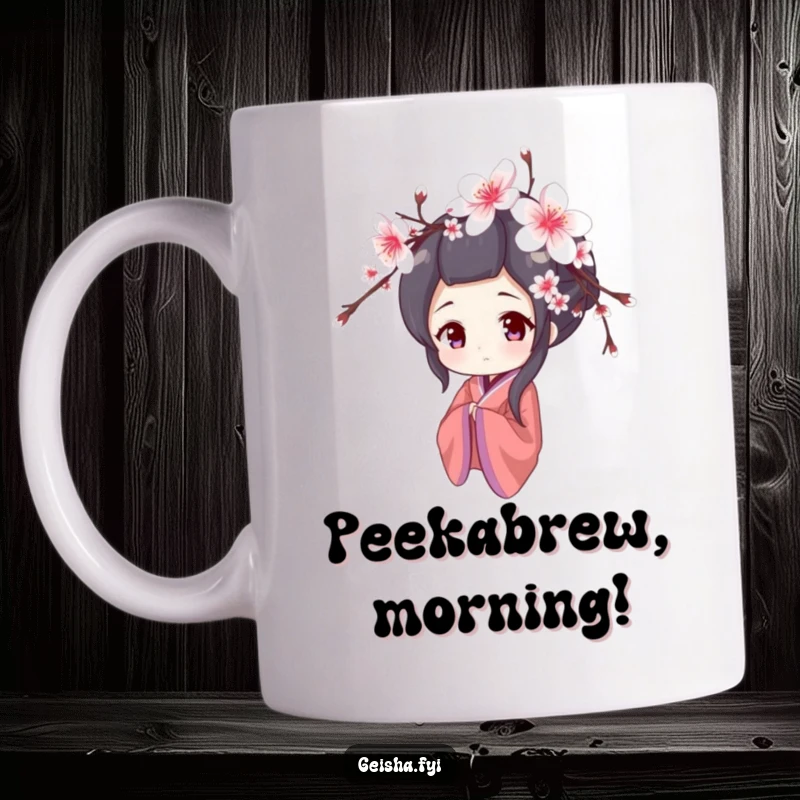 Funny mug with a shy geisha character peeking from behind cherry blossoms, evoking sweetness and humor, a perfect gift.